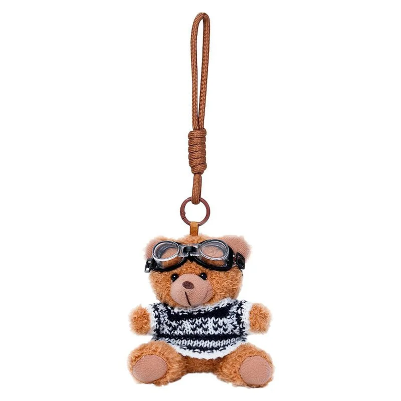 Aviator Bear Bag Charm — Plush teddy bear bag charm in a knitted sweater and aviator goggles