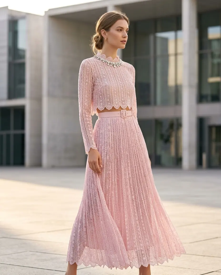 Blush Lace Pleated Dress — Blush pink lace pleated long dress with round neck and high waist