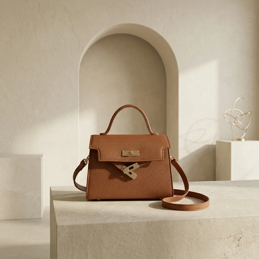 Cognac Top-Handle Bag — Brown structured small-square bag with turn-lock closure and embossed texture