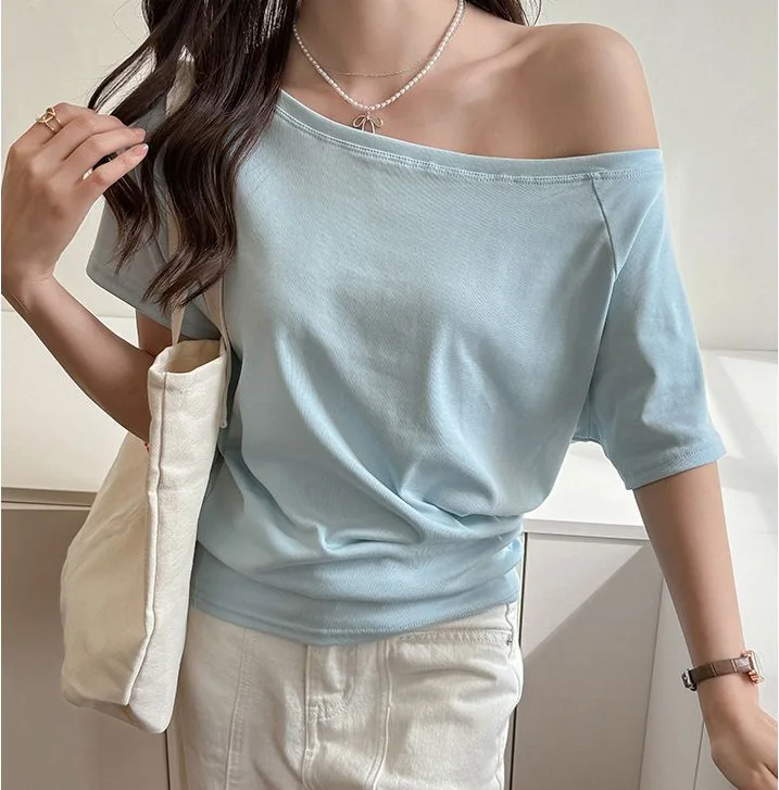 Off-Shoulder Modal Tee — Light blue modal off-shoulder short-sleeve tee worn with the neckline open