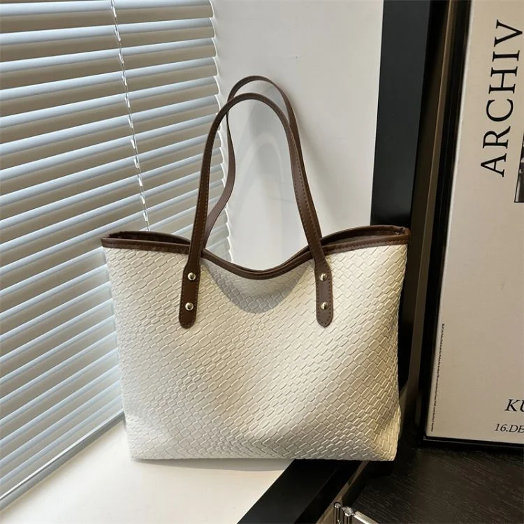 Structured Woven Tote — Structured woven-texture tote bag with smooth handle trim, in cream, red and beige