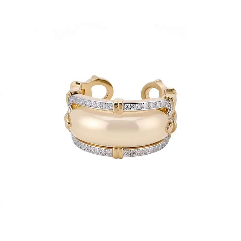 Sugar-Cube Enamel Ring — Open gold-tone ring with a glossy cream enamel band and pavé zircon shoulders