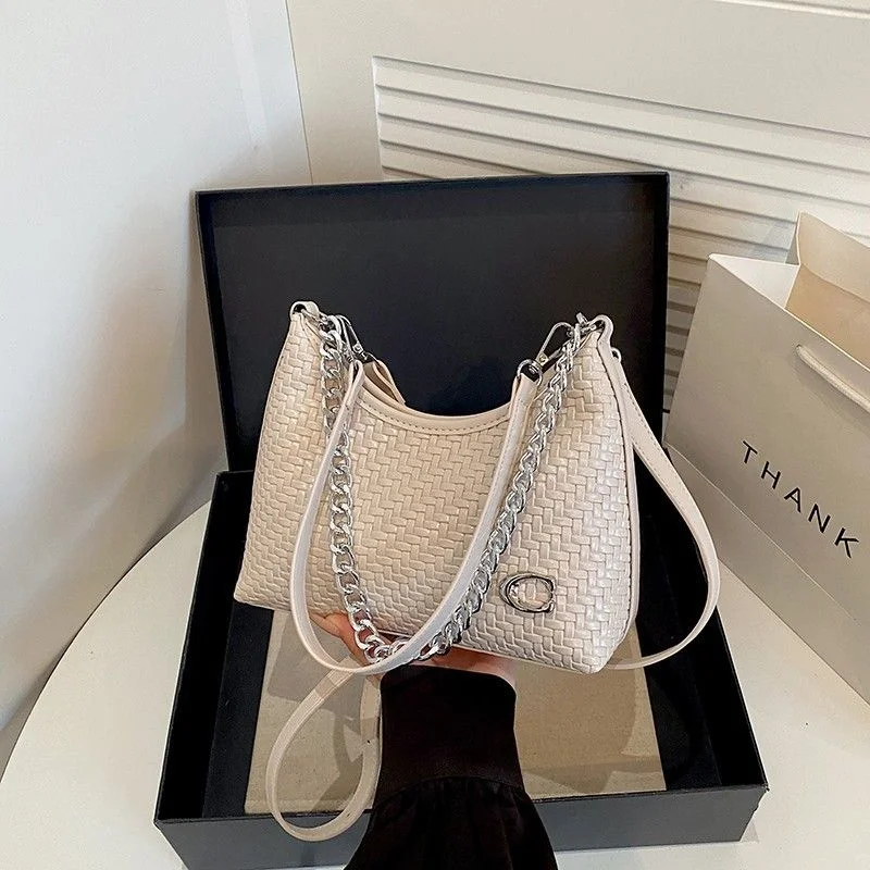 Woven Chain Underarm Bag — Small woven-texture underarm bag with a silver chain handle, in cream, yellow, brown, olive and black